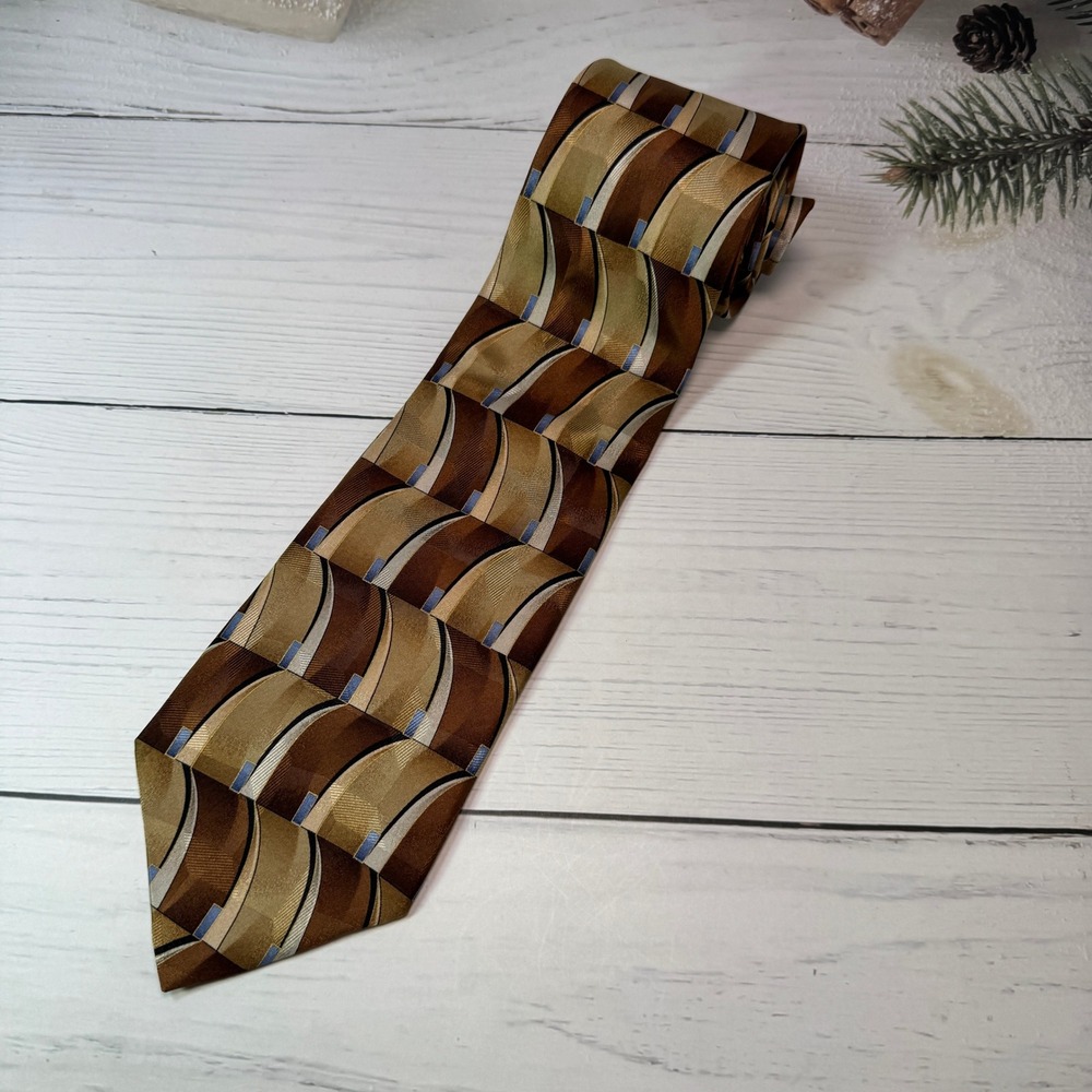 Stafford Silk Tie Mens Brown Gold Geometric Wave Pattern Professional 57"x4" Y2K